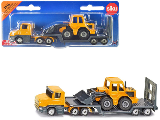 Truck with Low Loader Trailer and Front Loader Yellow Diecast Model by Siku-0