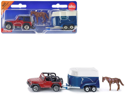 Jeep Red with Horse Trailer Blue and Horse Accessory Diecast Model by Siku-0