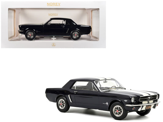 1965 Ford Mustang Hardtop Coupe Nightmist Blue Metallic with White Stripes 1/18 Diecast Model Car by Norev-0
