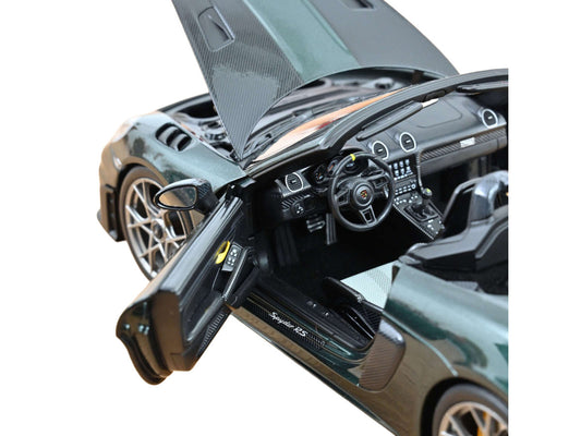 2023 Porsche 718 Spyder RS Weissach Pack Forest Green Metallic with Carbon Hood Stripes 1/18 Diecast Model Car by Norev-0