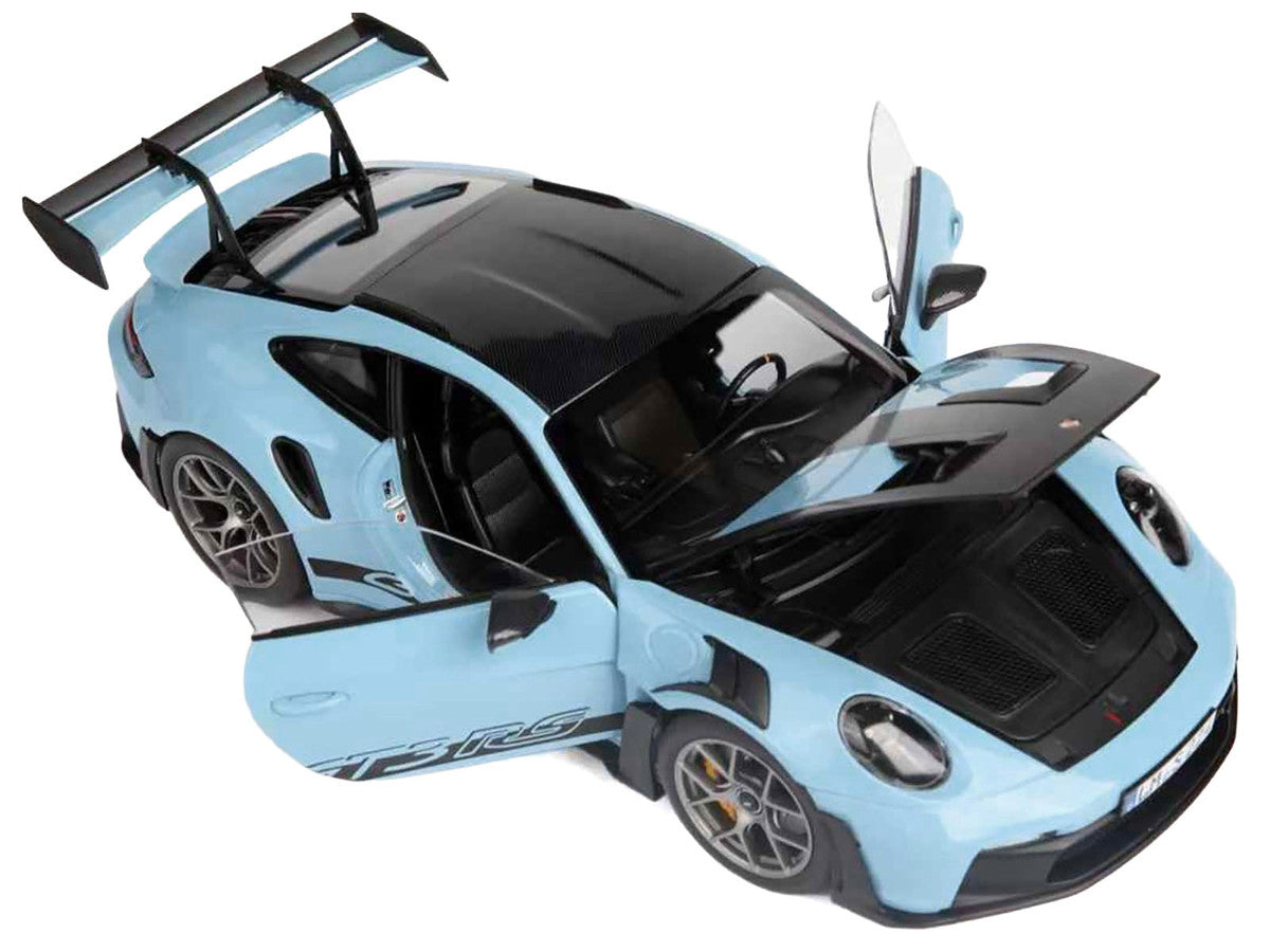 2022 Porsche 911 GT3 RS Weissach Pack Gulf Blue with Carbon Top and Hood Stripes 1/18 Diecast Model Car by Norev-3