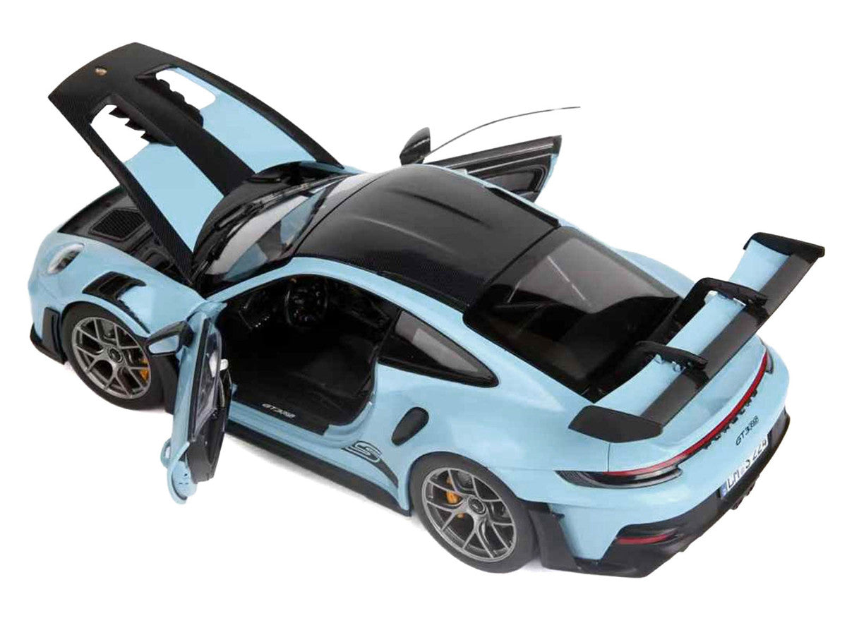 2022 Porsche 911 GT3 RS Weissach Pack Gulf Blue with Carbon Top and Hood Stripes 1/18 Diecast Model Car by Norev-2