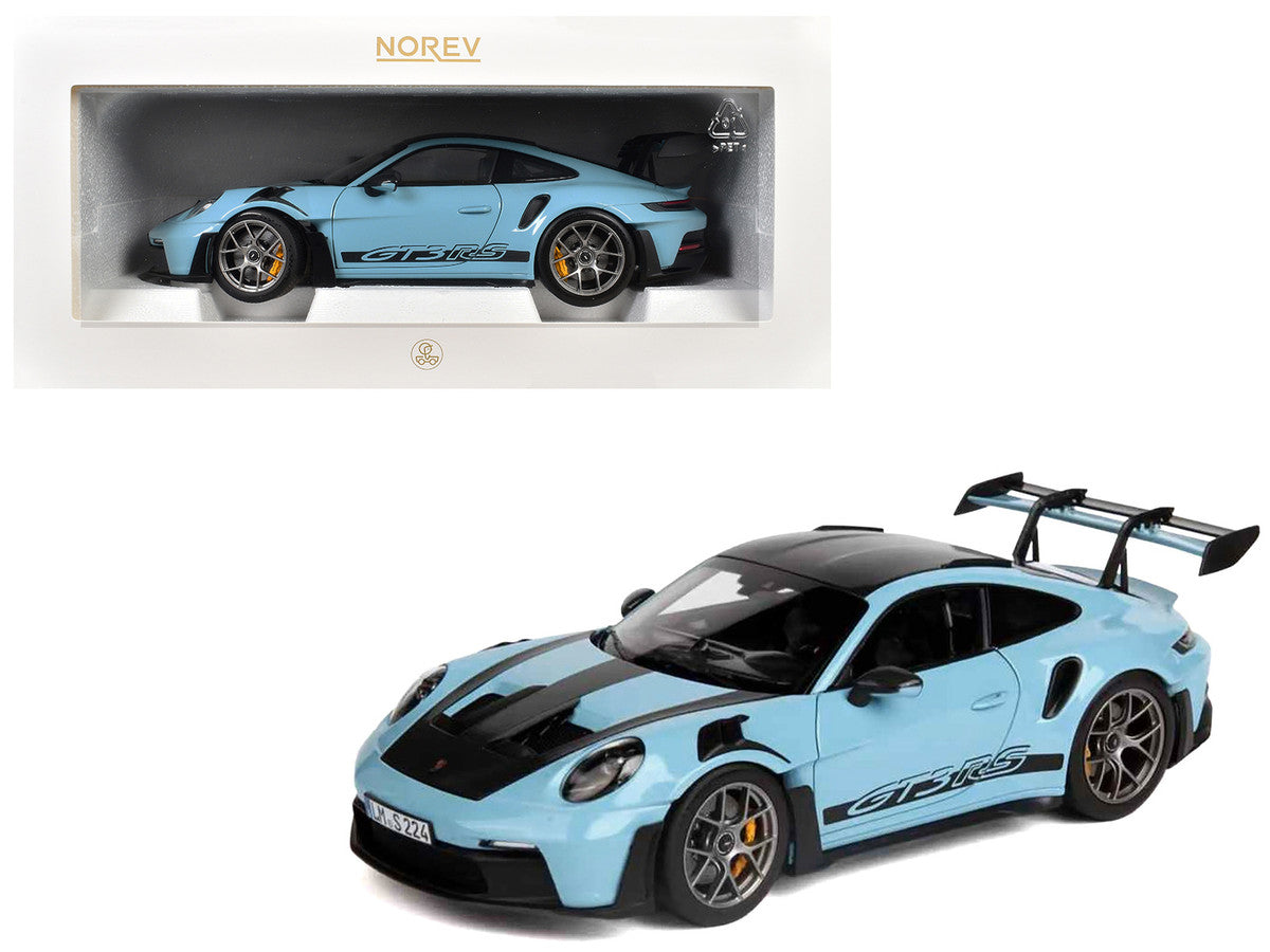 2022 Porsche 911 GT3 RS Weissach Pack Gulf Blue with Carbon Top and Hood Stripes 1/18 Diecast Model Car by Norev-4