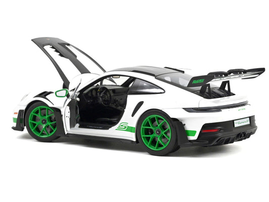 2022 Porsche 911 GT3 RS Weissach Pack White with Green Stripes And Carbon Hood and Top 1/18 Diecast Model Car by Norev-0