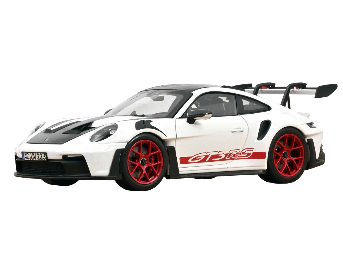 2022 Porsche 911 GT3 RS with Weissach Pack White with Carbon Hood and Top and Pyro Red Stripes and Wheels 1/18 Diecast Model Car by Norev-1