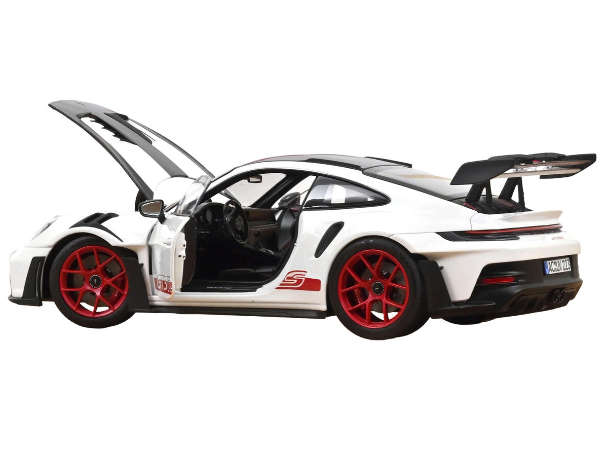 2022 Porsche 911 GT3 RS with Weissach Pack White with Carbon Hood and Top and Pyro Red Stripes and Wheels 1/18 Diecast Model Car by Norev-2