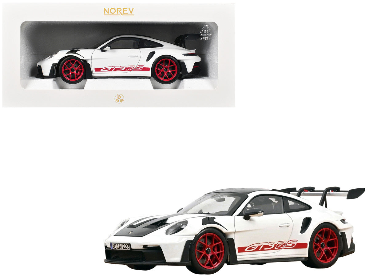 2022 Porsche 911 GT3 RS with Weissach Pack White with Carbon Hood and Top and Pyro Red Stripes and Wheels 1/18 Diecast Model Car by Norev-0