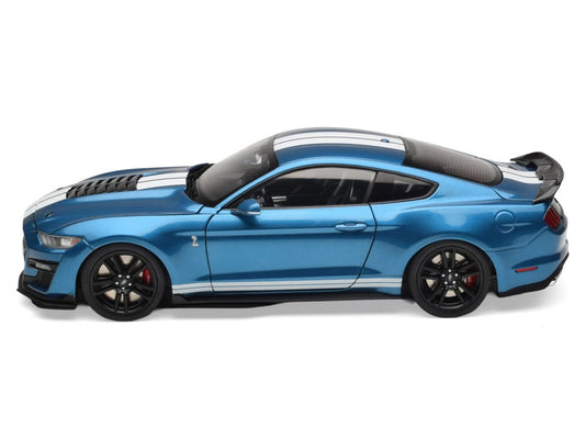 2022 Ford Mustang Shelby GT500 Blue Metallic with White Stripes 1/18 Diecast Model Car by IXO Models-0