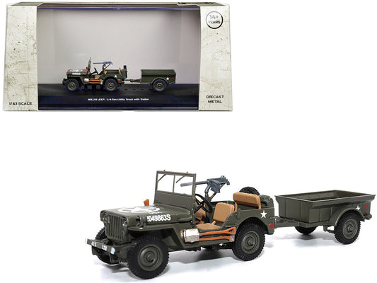 Willys Jeep 1/4-Ton Utility Truck Olive Drab with Trailer "United States Army" 1/43 Diecast Model by Militaria Die Cast-0