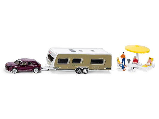 Porsche Macan Turbo Maroon Metallic and Dethleffs Exclusiv Emotion Caravan with Figures and Camp Accessories Set 1/55 Diecast Model by Siku-0