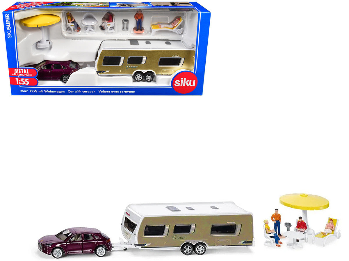 Porsche Macan Turbo Maroon Metallic and Dethleffs Exclusiv Emotion Caravan with Figures and Camp Accessories Set 1/55 Diecast Model by Siku-3