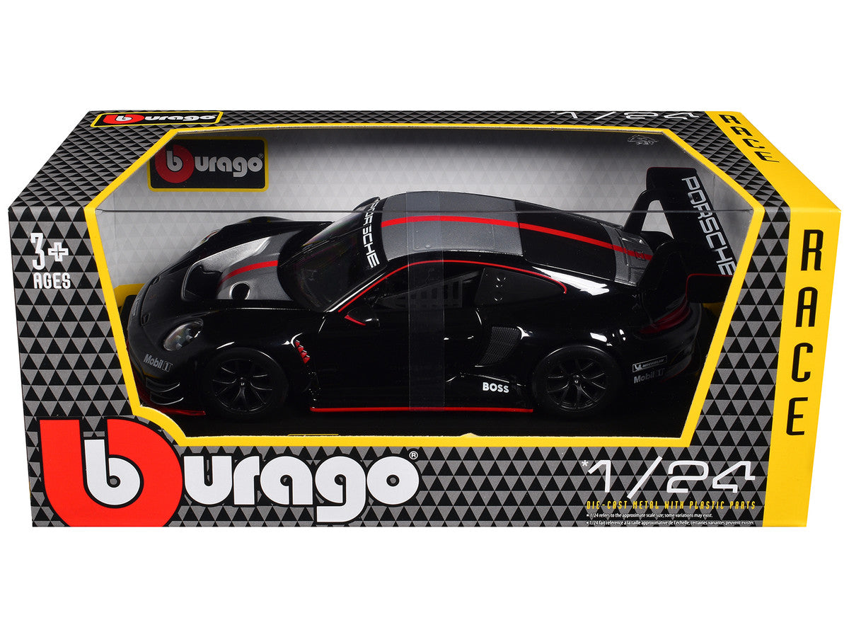 Porsche 911 GT3 R Black with Silver Hood and Top and Red Stripe "Race" Series 1/24 Diecast Model Car by Bburago-1