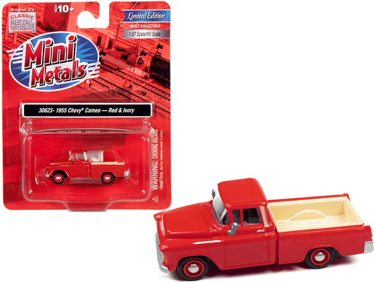 1955 Chevrolet Cameo Pickup Truck Red and Ivory 1/87 (HO) Scale Model Car by Classic Metal Works-0
