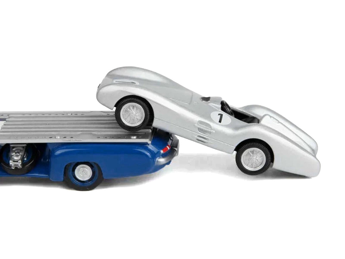 Mercedes-Benz Renntransporter Flatbed Truck Blue and 1954 Mercedes-Benz W196 #1 Silver Metallic 1/64 Diecast Model Car by Norev-3