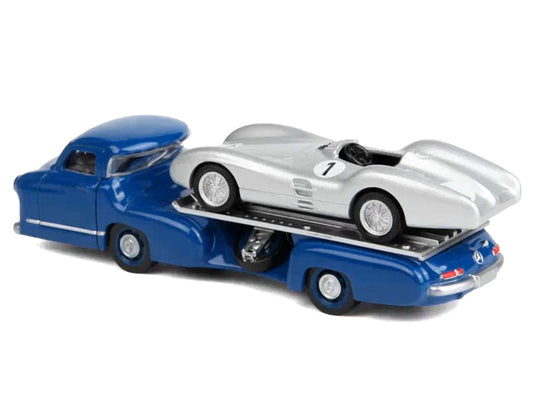 Mercedes-Benz Renntransporter Flatbed Truck Blue and 1954 Mercedes-Benz W196 #1 Silver Metallic 1/64 Diecast Model Car by Norev-0