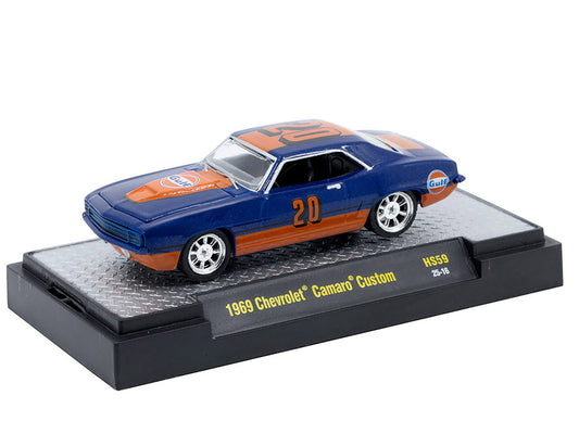 1969 Chevrolet Camaro Custom #20 "Gulf Oil" Dark Blue and Orange Limited Edition to 5500 pieces Worldwide 1/64 Diecast Model Car by M2 Machines-0
