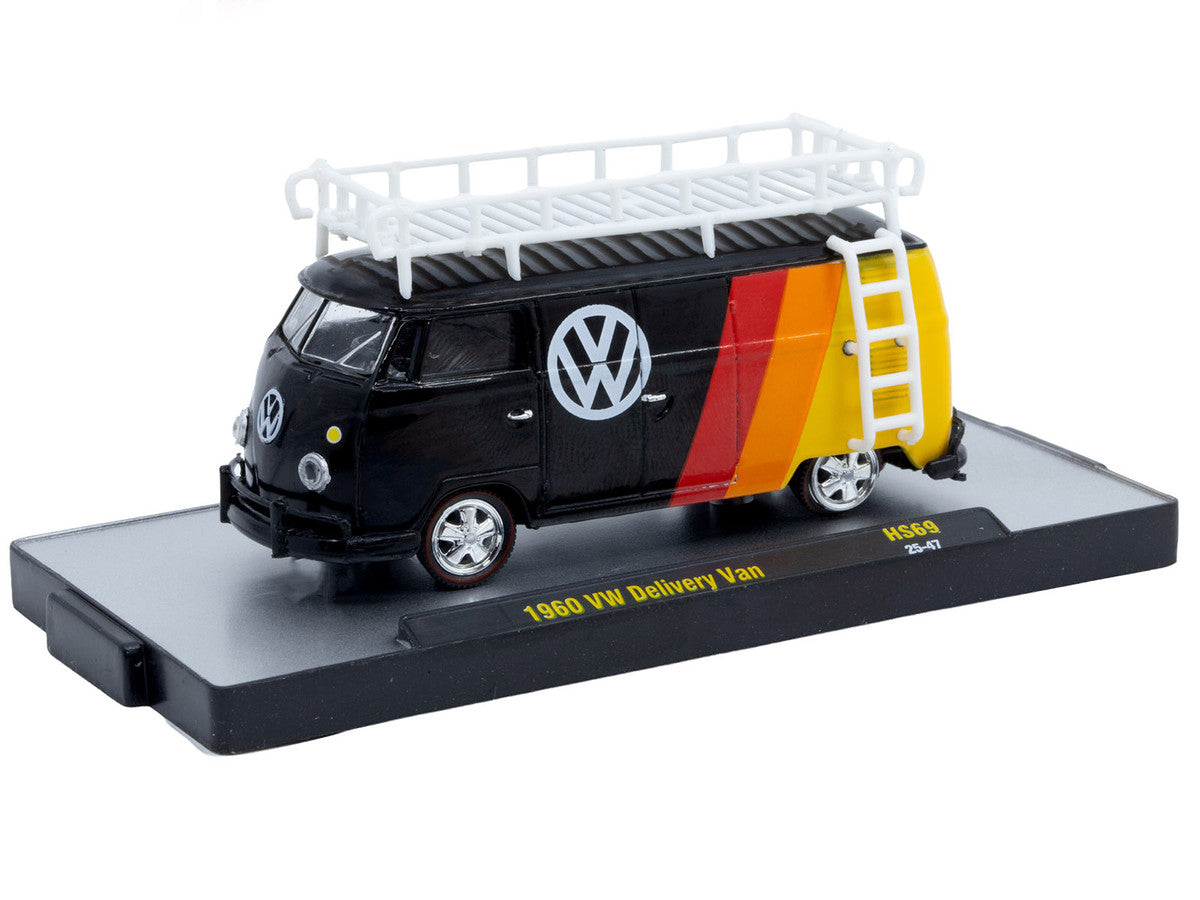 1960 Volkswagen Delivery Van Black with Stripes and White Roof Rack Limited Edition to 5280 pieces Worldwide 1/64 Diecast Model Car by M2 Machines-1