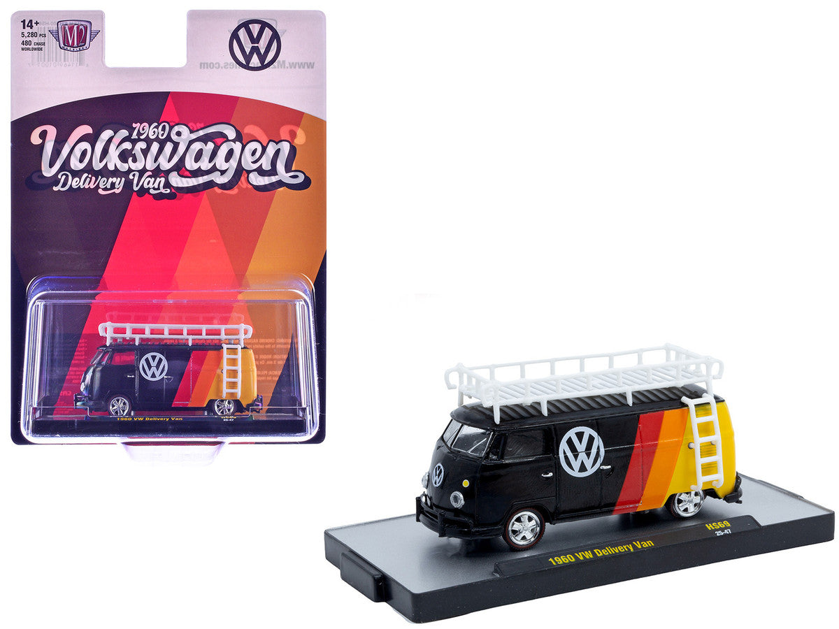 1960 Volkswagen Delivery Van Black with Stripes and White Roof Rack Limited Edition to 5280 pieces Worldwide 1/64 Diecast Model Car by M2 Machines-0