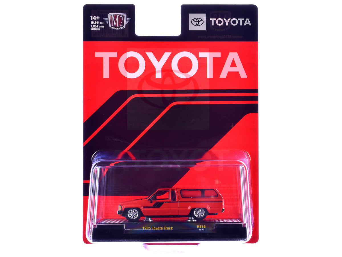 1985 Toyota SR5 Pickup Truck with Camper Shell Red with Black Stripes Limited Edition to 19844 pieces Worldwide 1/64 Diecast Model Car by M2 Machines-1