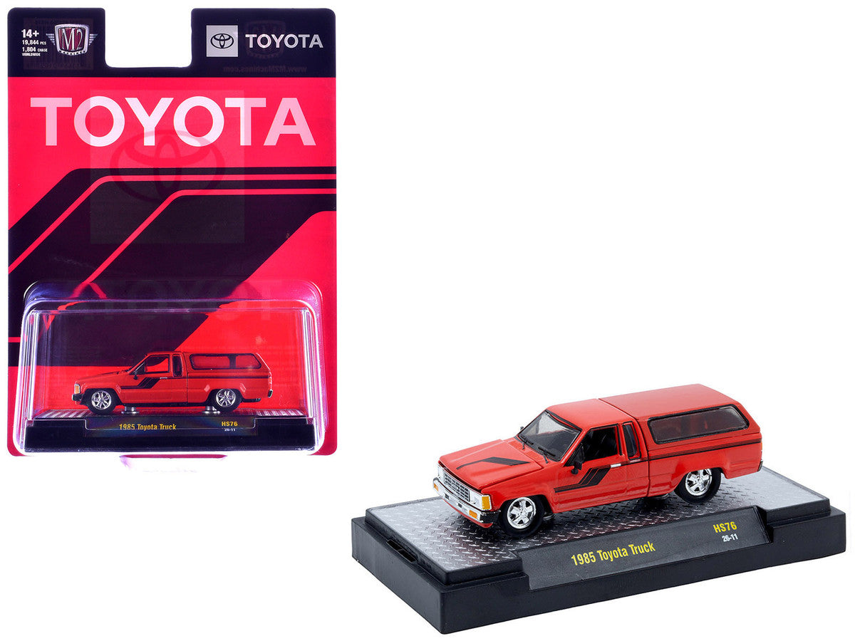 1985 Toyota SR5 Pickup Truck with Camper Shell Red with Black Stripes Limited Edition to 19844 pieces Worldwide 1/64 Diecast Model Car by M2 Machines-2