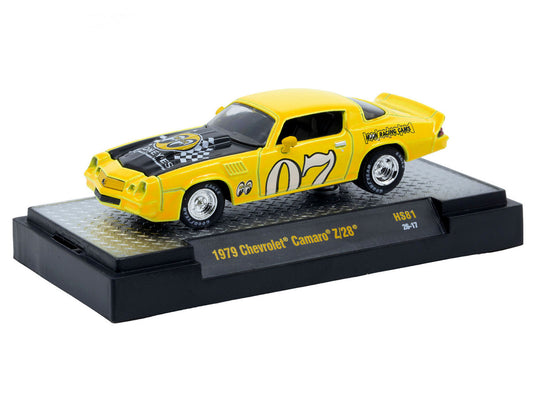 1979 Chevrolet Camaro Z/28 "MoonEyes" Yellow with Black Hood and Graphics Limited Edition to 10428 pieces Worldwide 1/64 Diecast Model Car by M2 Machines-0