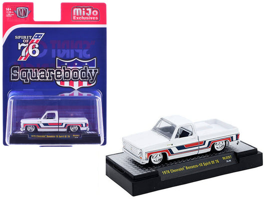1976 Chevrolet Silverado Bonanza-10 Pickup Truck "Spirit of '76" White with Blue and Red Graphics Limited Edition to 12100 pieces Worldwide 1/64 Diecast Model Car by M2 Machines-0
