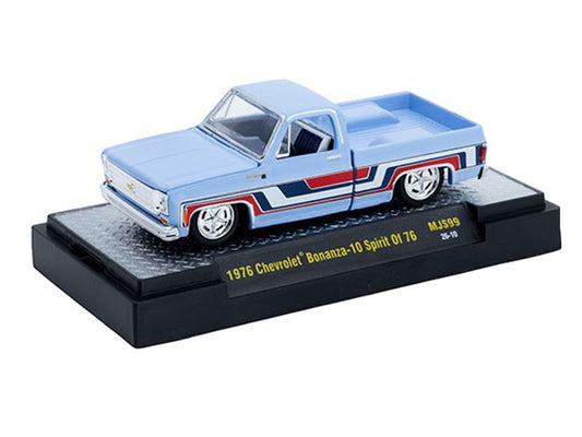 1976 Chevrolet Silverado Bonanza-10 Pickup Truck "Spirit of '76" Light Blue with Red White and Blue Graphics Limited Edition to 11770 pieces Worldwide 1/64 Diecast Model Car by M2 Machines-0
