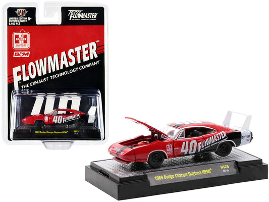 1969 Dodge Charger Daytona HEMI #40 Red with Graphics "Flowmaster" Limited Edition to 6600 pieces Worldwide 1/64 Diecast Model Car by M2 Machines-0