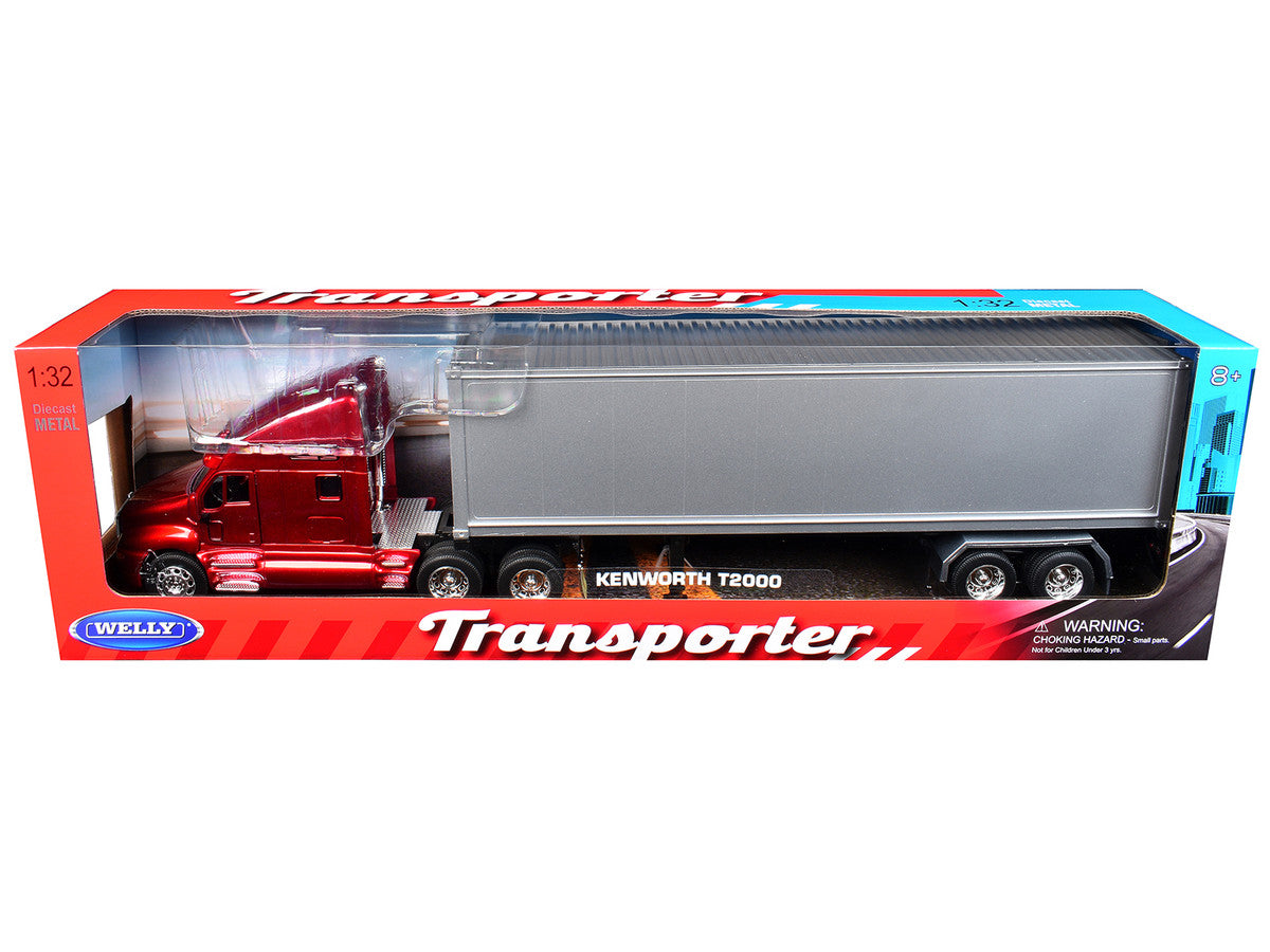 Kenworth T2000 Truck Red Metallic with Gray Container "Transporter" Series 1/32 Diecast Model by Welly-1