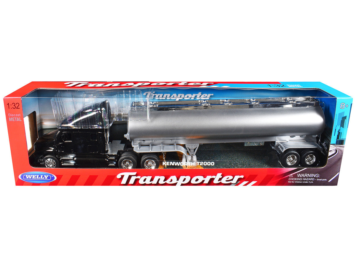 Kenworth T2000 Truck Black with Silver Tanker Trailer "Transporter" Series 1/32 Diecast Model by Welly-1
