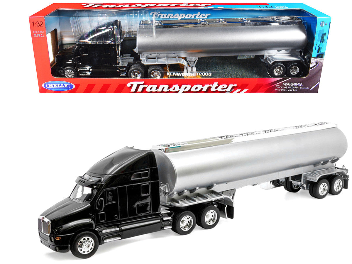 Kenworth T2000 Truck Black with Silver Tanker Trailer "Transporter" Series 1/32 Diecast Model by Welly-2