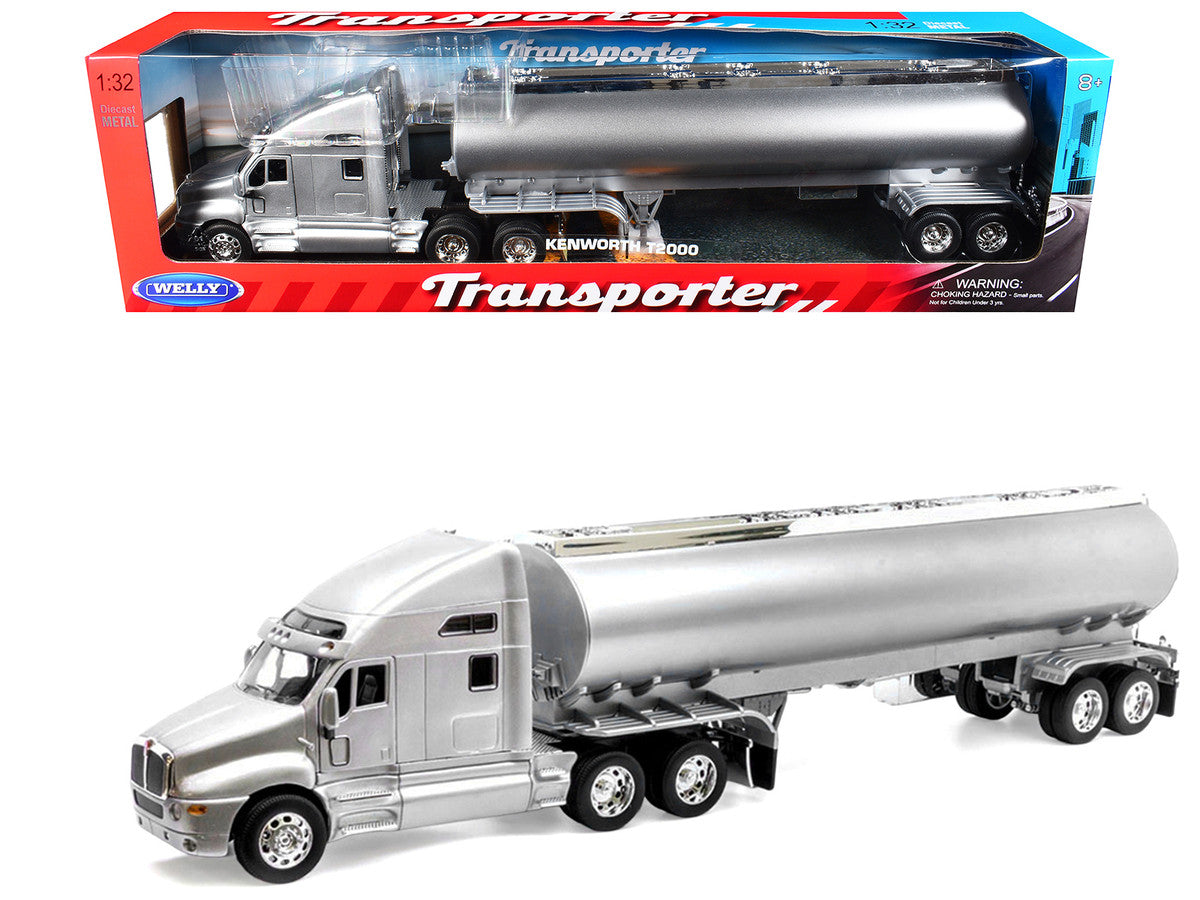 Kenworth T2000 Truck Silver Metallic with Silver Tanker Trailer "Transporter" Series 1/32 Diecast Model by Welly-2