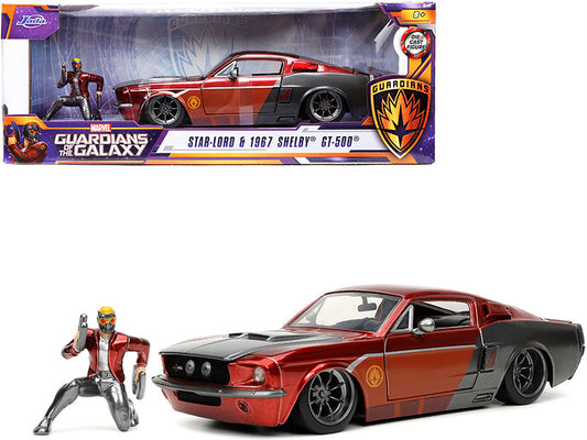 1967 Ford Mustang Shelby GT-500 Red Metallic and Gray Metallic with Star-Lord Diecast Figurine "Guardians of the Galaxy" "Marvel" Series 1/24 Diecast Model Car by Jada-0