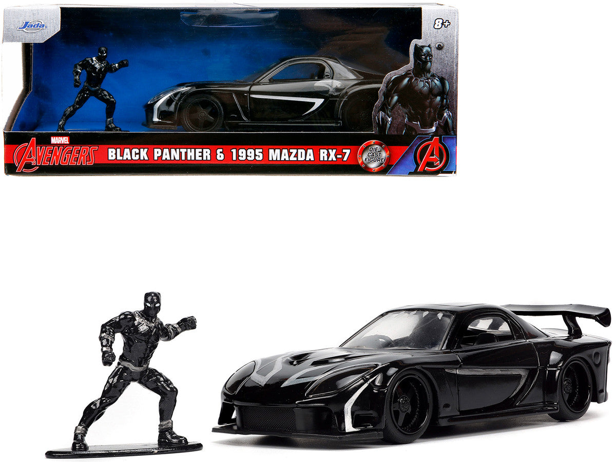 1995 Mazda RX-7 RHD (Right Hand Drive) Black and Black Panther Diecast Figure "The Avengers" "Hollywood Rides" Series 1/32 Diecast Model Car by Jada-0