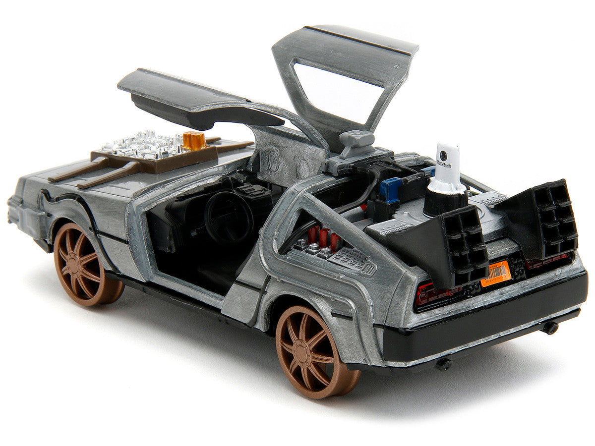 DeLorean DMC (Time Machine) Brushed Metal Train Wheel Version "Back to the Future Part III" (1990) Movie "Hollywood Rides" Series 1/32 Diecast Model Car by Jada-2
