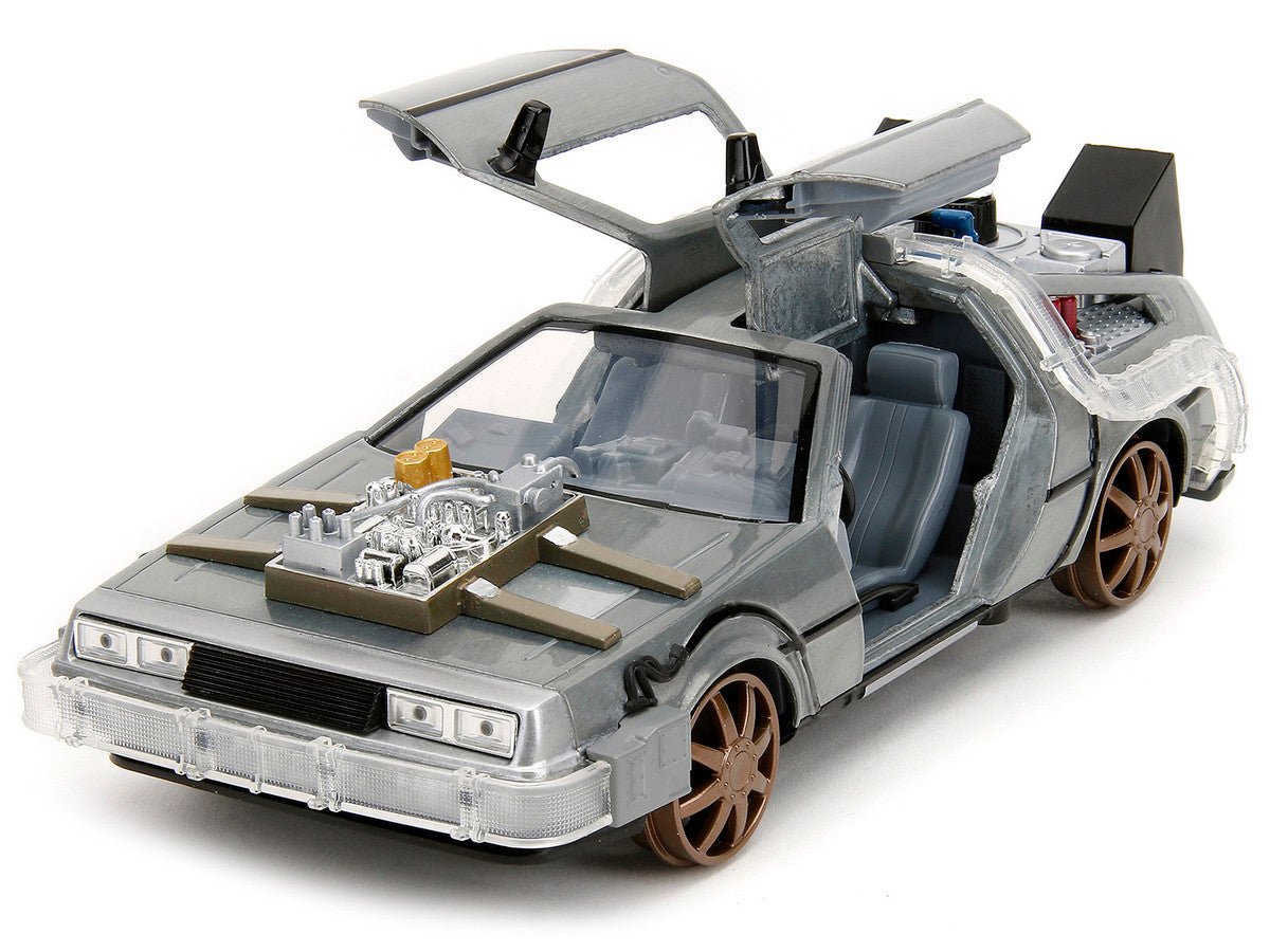 DeLorean Brushed Metal Time Machine (Train Wheel Version) with Lights "Back to the Future Part III" (1990) Movie "Hollywood Rides" Series 1/24 Diecast Model Car by Jada-1