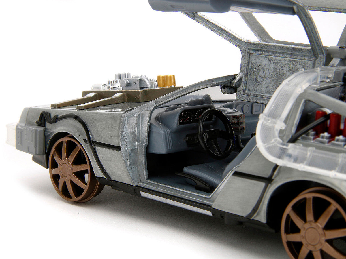DeLorean Brushed Metal Time Machine (Train Wheel Version) with Lights "Back to the Future Part III" (1990) Movie "Hollywood Rides" Series 1/24 Diecast Model Car by Jada-2
