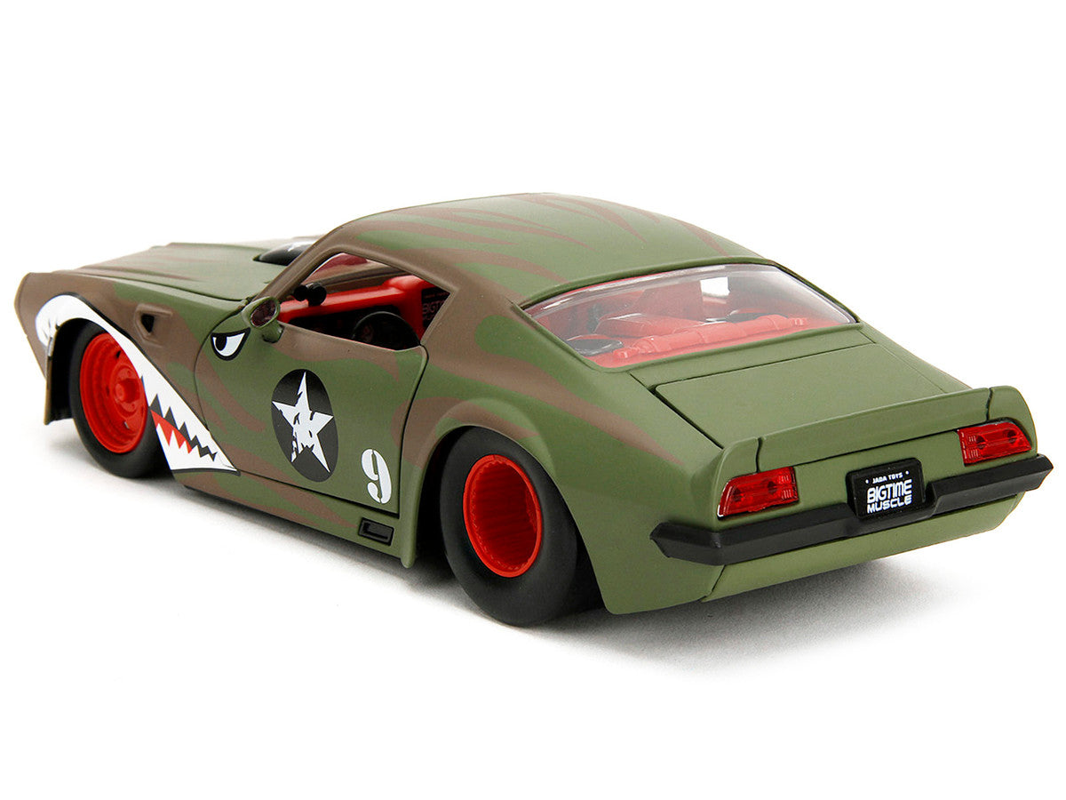 1972 Pontiac Firebird #9 Green Camouflage Flames with Graphics and Red Interior "Bigtime Muscle" Series 1/24 Diecast Model Car by Jada-1