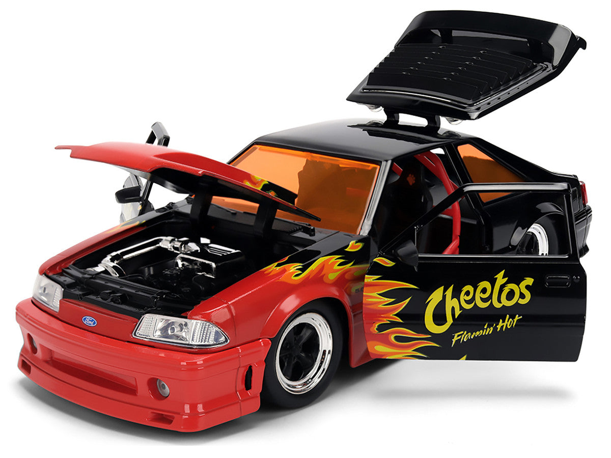 1989 Ford Mustang GT Black with Red Flame Graphics and Chester Cheetah Diecast Figure "Cheetos Flamin' Hot" "Hollywood Rides" Series 1/24 Diecast Model Car by Jada-3