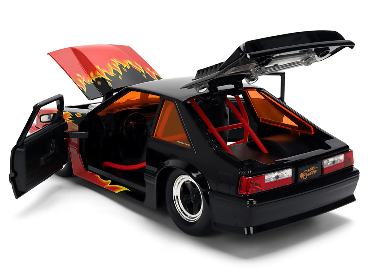 1989 Ford Mustang GT Black with Red Flame Graphics and Chester Cheetah Diecast Figure "Cheetos Flamin' Hot" "Hollywood Rides" Series 1/24 Diecast Model Car by Jada-2