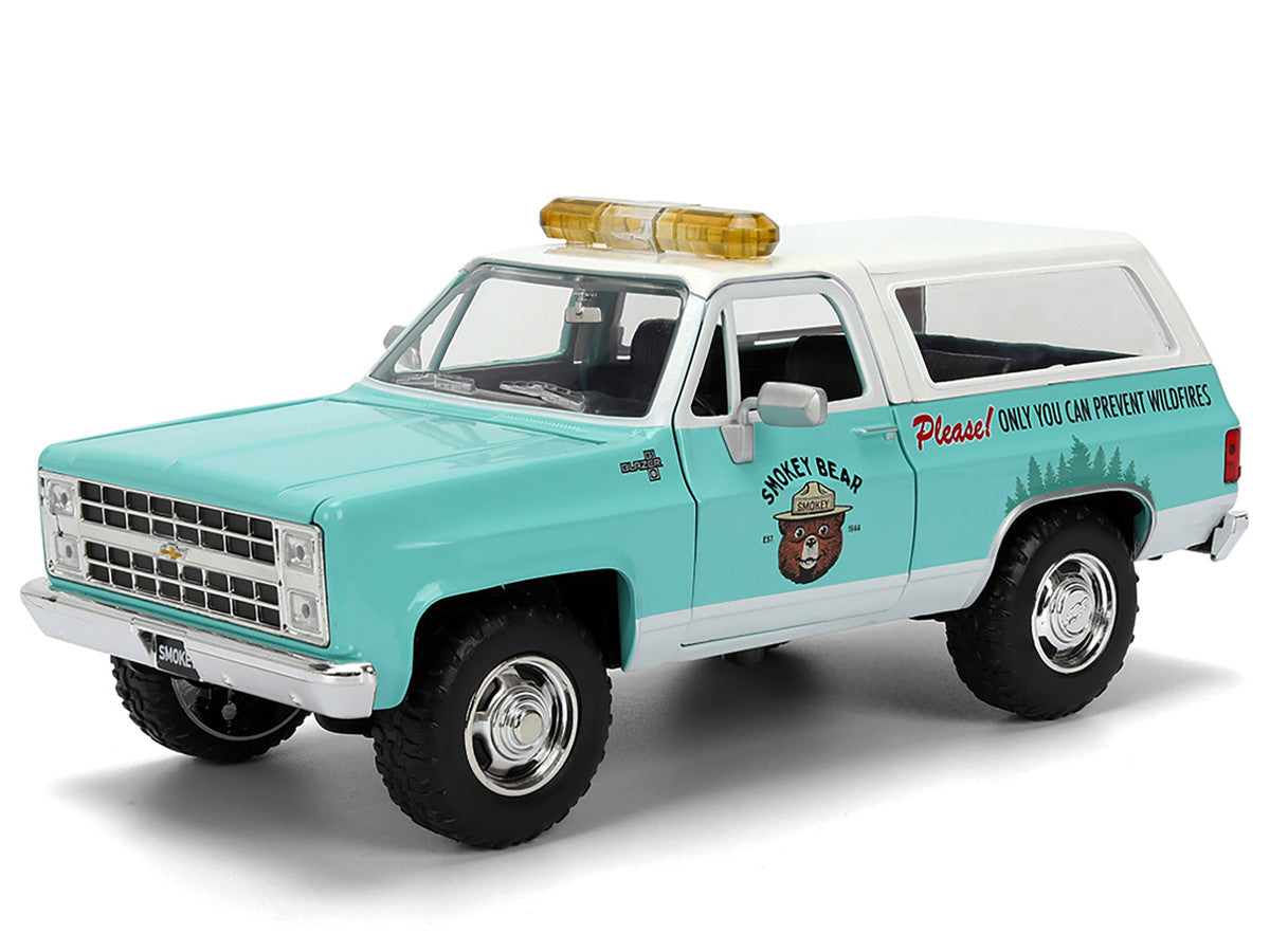 1980 Chevrolet Blazer Light Green with White Top and Graphics and Smokey Bear Diecast Figure "Smokey Bear" "Hollywood Rides" Series 1/24 Diecast Model by Jada-0