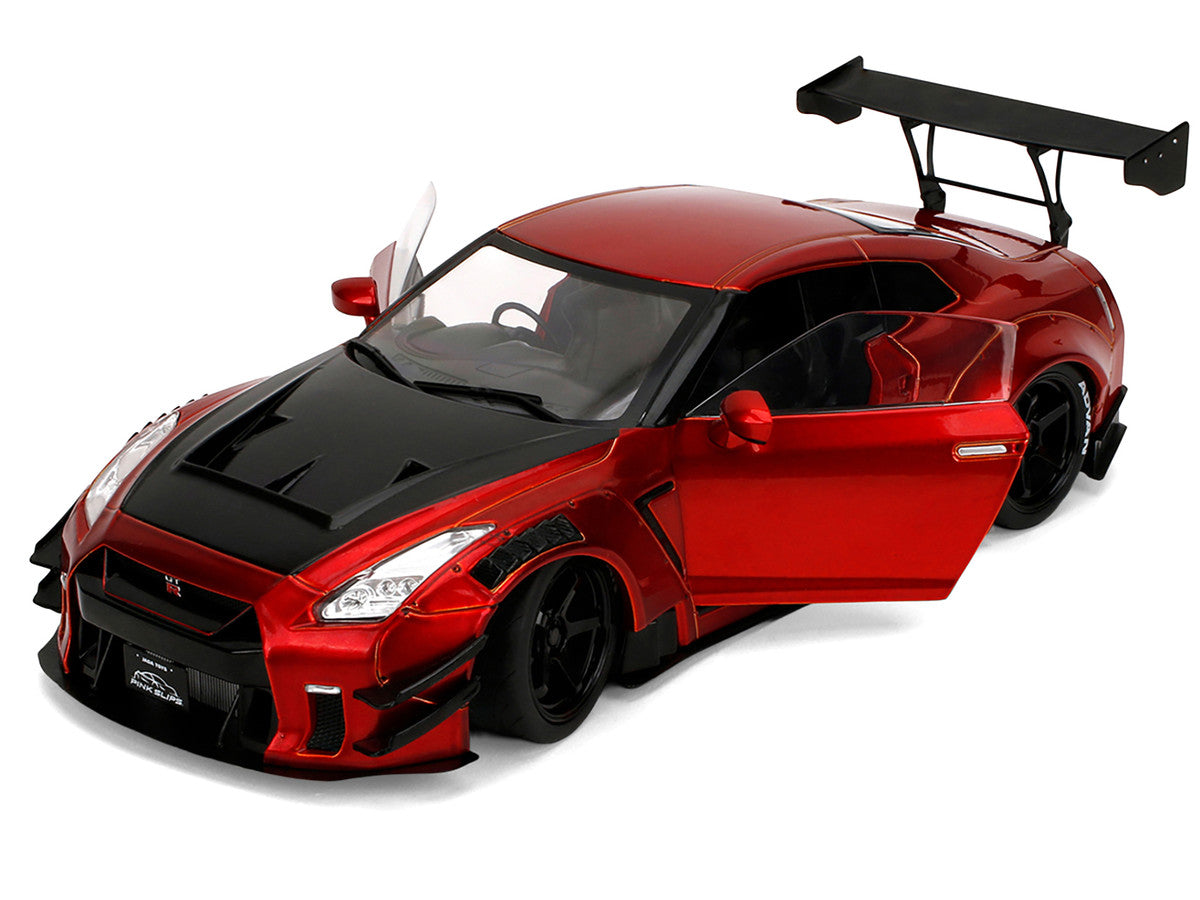 Nissan GT-R (R35) Liberty Walk Body Kit 2.0 RHD (Right Hand Drive) Red Metallic with Carbon Hood "Pink Slips" Series 1/18 Diecast Model Car by Jada-2