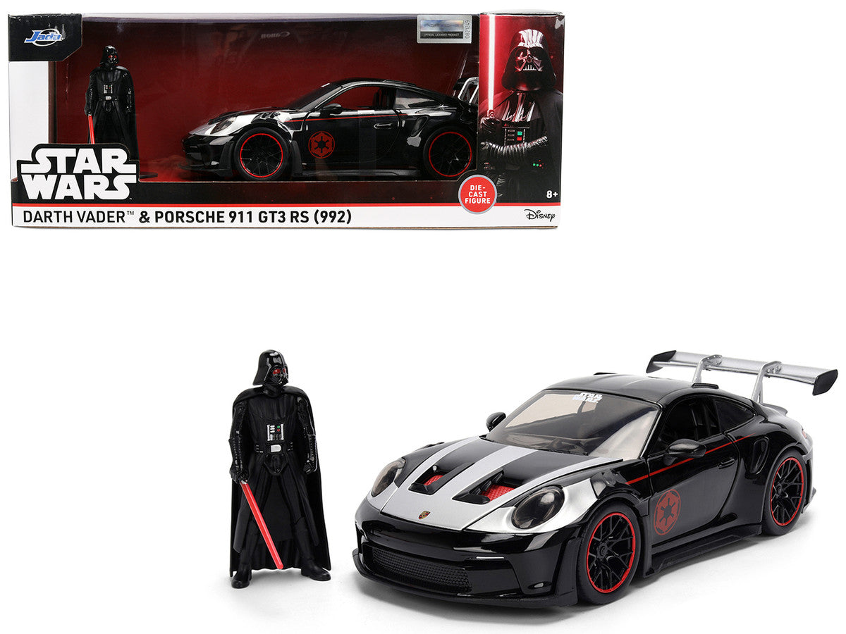 Porsche 911 GT3 RS (992) Black with Silver Hood and Graphics and Darth Vader Figure "Star Wars" Franchise "Hollywood Rides" Series 1/24 Diecast Model Car by Jada-4