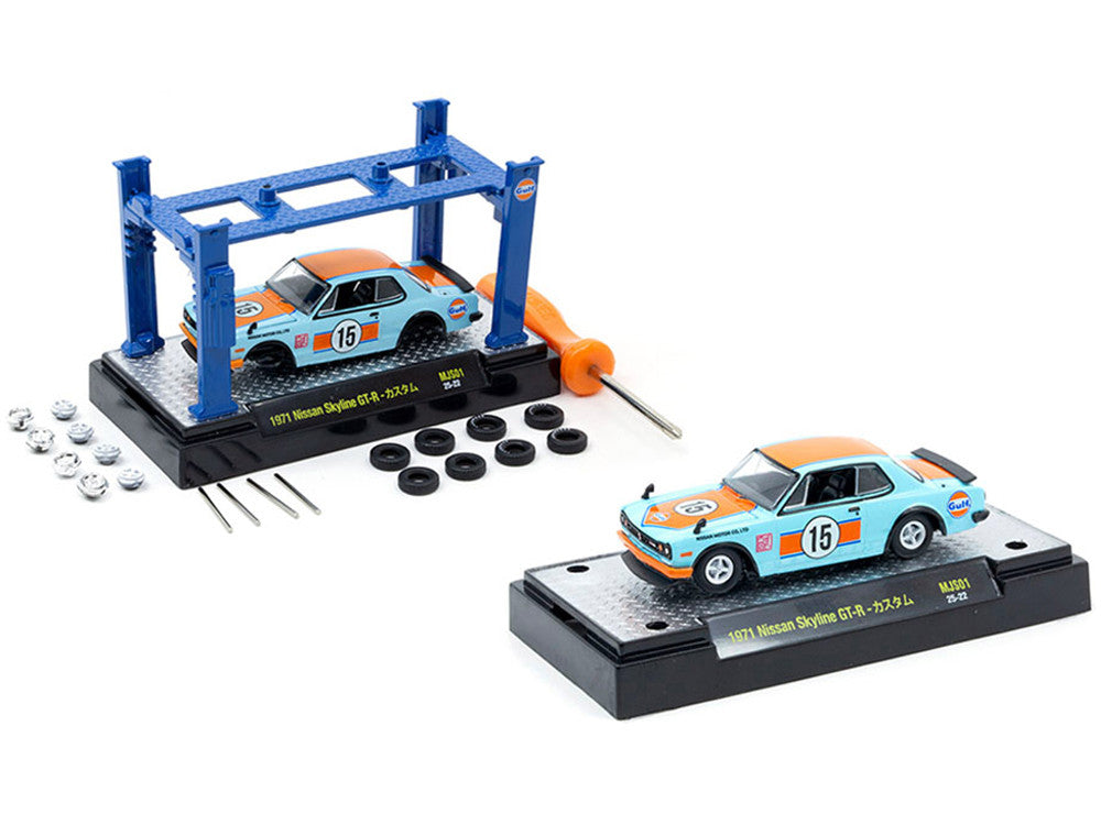 1971 Nissan Skyline GT-R RHD (Right Hand Drive) #15 "Gulf Oil" Light Blue and Orange "Auto-Lifts" Series Limited Edition to 3300 pieces Worldwide 1/64 Diecast Model Car by M2 Machines-0