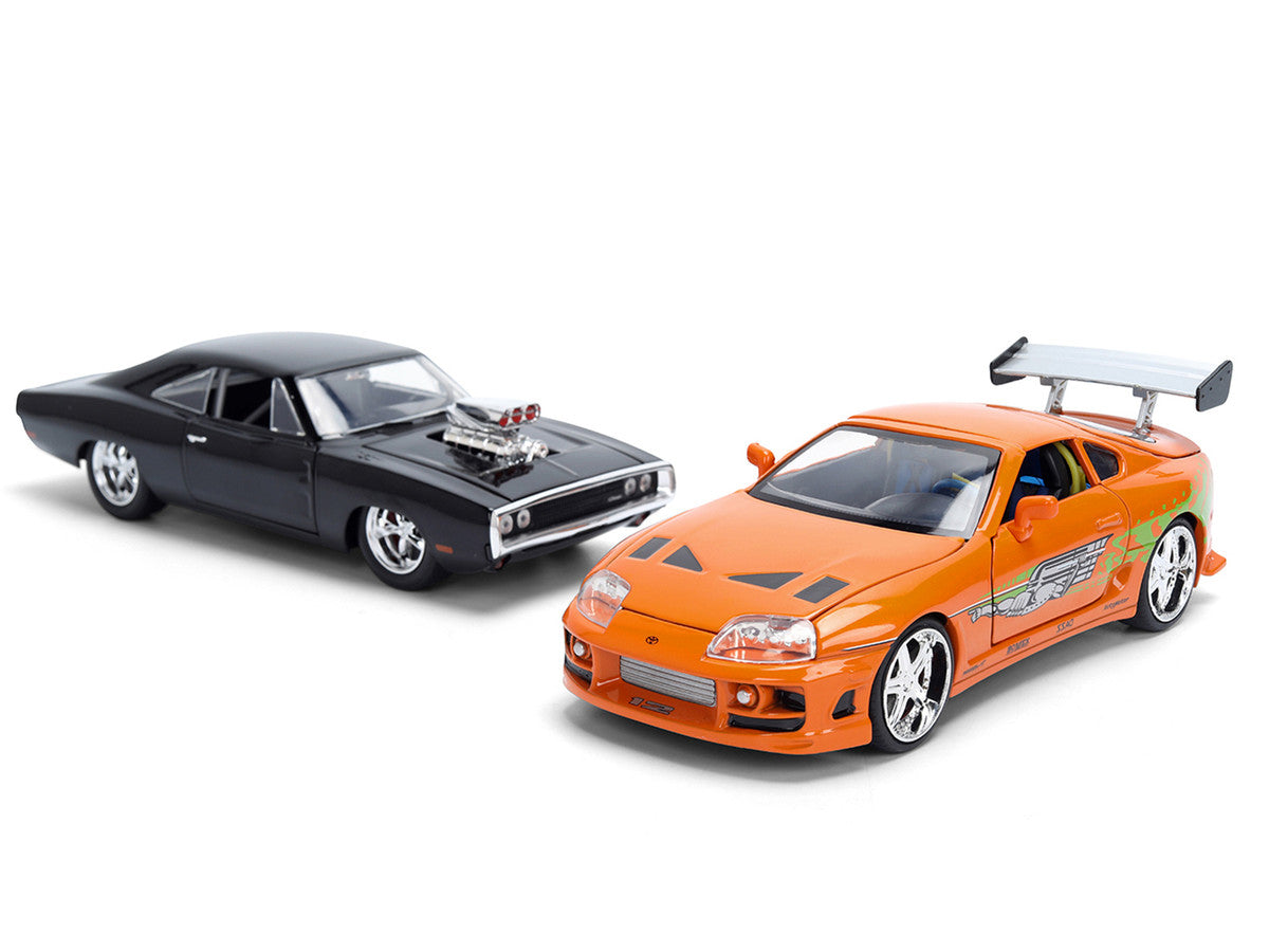 Dom's 1970 Dodge Charger R/T Black and Brian's Toyota Supra Orange with Graphics Set of 2 Cars "Fast & Furious 25th Anniversary" "Fast & Furious" Series 1/24 Diecast Model Cars by Jada-1