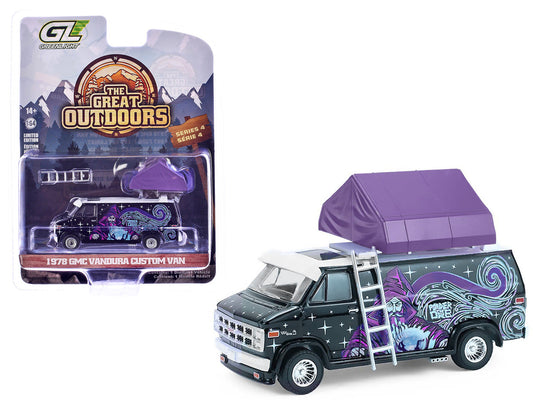 1978 GMC Vandura Custom Van Black with Wizard Graphics and White Top with Camp'otel Cartop Sleeper Tent "The Great Outdoors" Series 4 1/64 Diecast Model Car by Greenlight-0