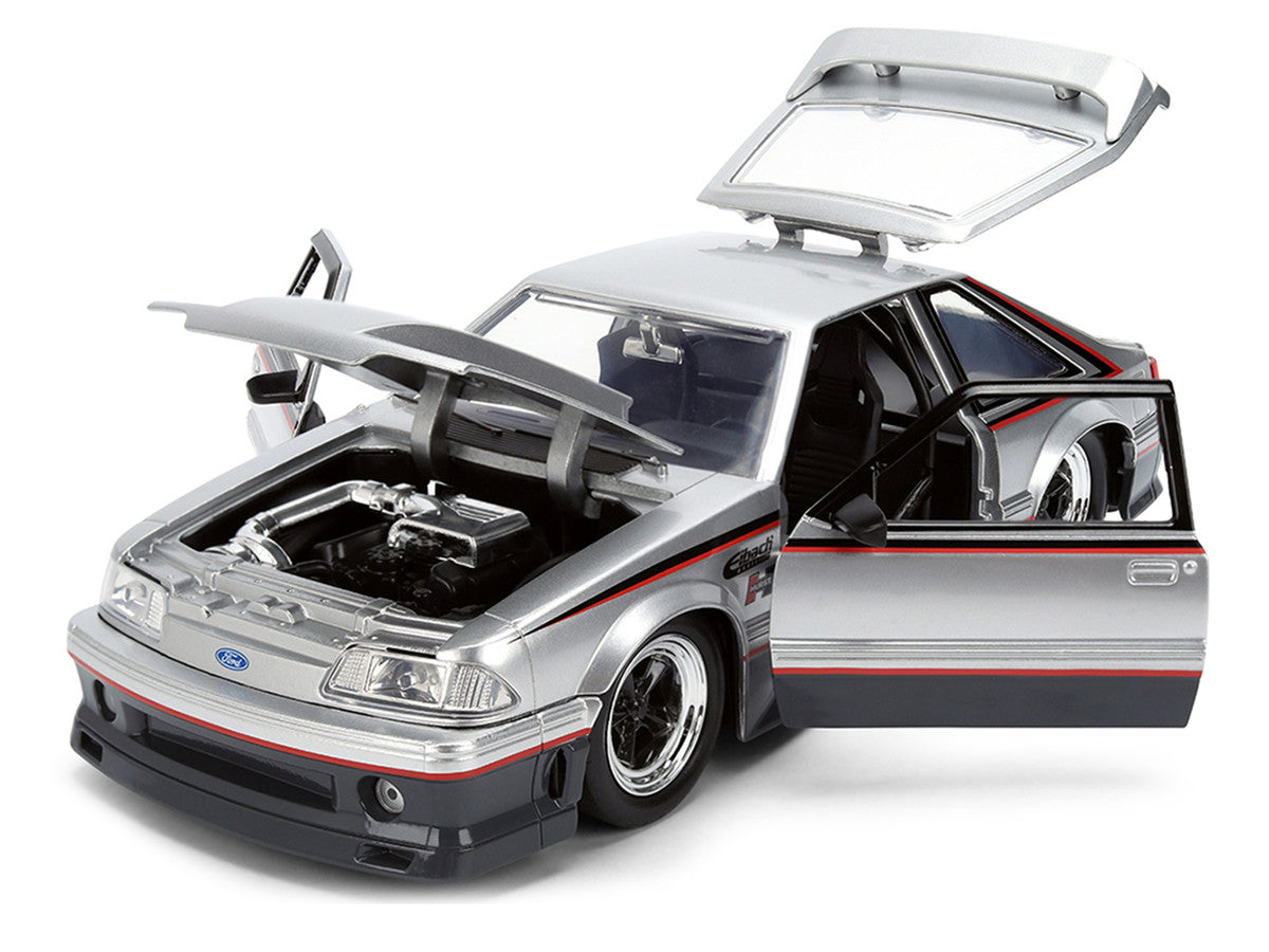 1989 Ford Mustang GT Silver Metallic and Gray with Black and Red Stripes "AutoWorks" Series 1/24 Diecast Car Model by Jada-1