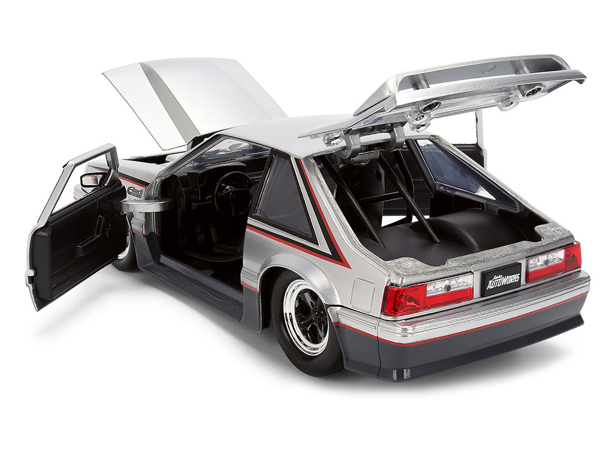 1989 Ford Mustang GT Silver Metallic and Gray with Black and Red Stripes "AutoWorks" Series 1/24 Diecast Car Model by Jada-3