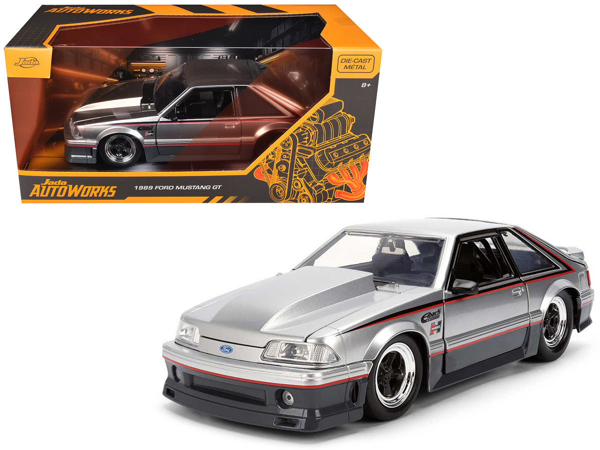 1989 Ford Mustang GT Silver Metallic and Gray with Black and Red Stripes "AutoWorks" Series 1/24 Diecast Car Model by Jada-0