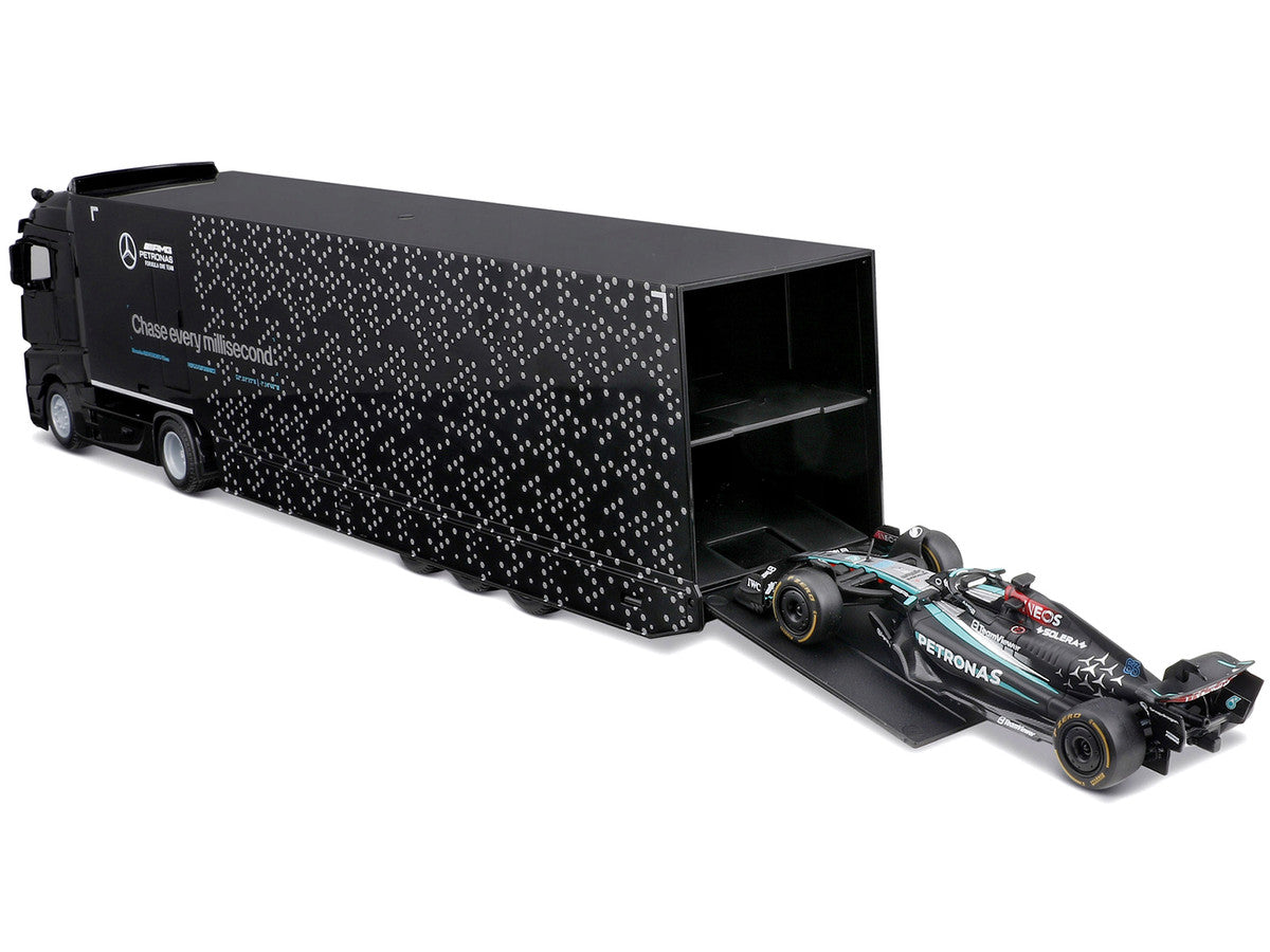 Mercedes-Benz Actros Gigaspace Car Transporter Black and Mercedes-AMG F1 W15 E Performance #63 George Russell "Petronas" Formula One F1 World Championship (2024) "Racing Hauler" Series 1/43 Diecast Model Car by Bburago-0